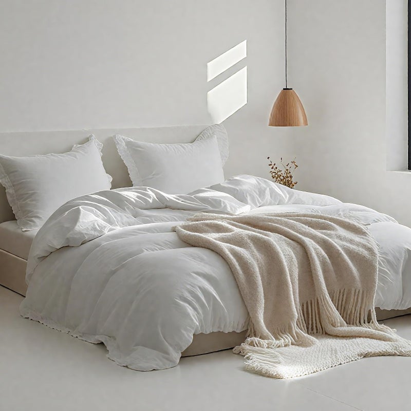 Simple&Opulence 100% Linen Duvet Cover Set, Natural French Flax White Ruffle Duvet Cover Twin Size, Breathable Comfy Linen Bedding Comforter Cover with 1 Pillowcase (White, 68" x 86") - Image 2